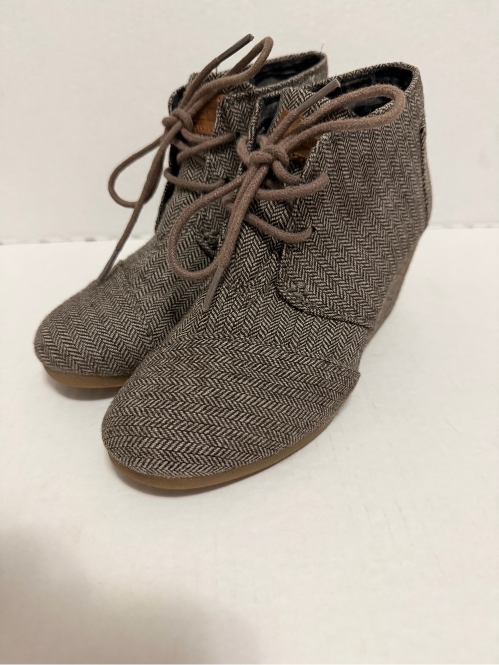 Toms Brown Herringbone Lace-Up Wedge Booties
